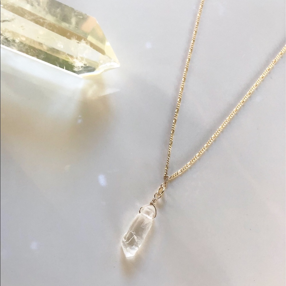 Clear Quartz Crystal Necklace Boho 14k Gold Filled